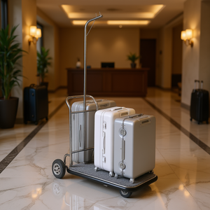 Carrito de servicio de acero inoxidable de 3 ruedas con plataforma alfombrada gris y ruedas de goma para centros de convenciones y hoteles - Product Image 2