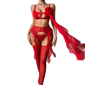 <span class=keywords><strong>DeepLove</strong></span> usine rouge Rose maille transparente Teddy body ensemble de Lingerie dentelle creux Combo Push main broderie longs rubans de tulle - Product Image 1
