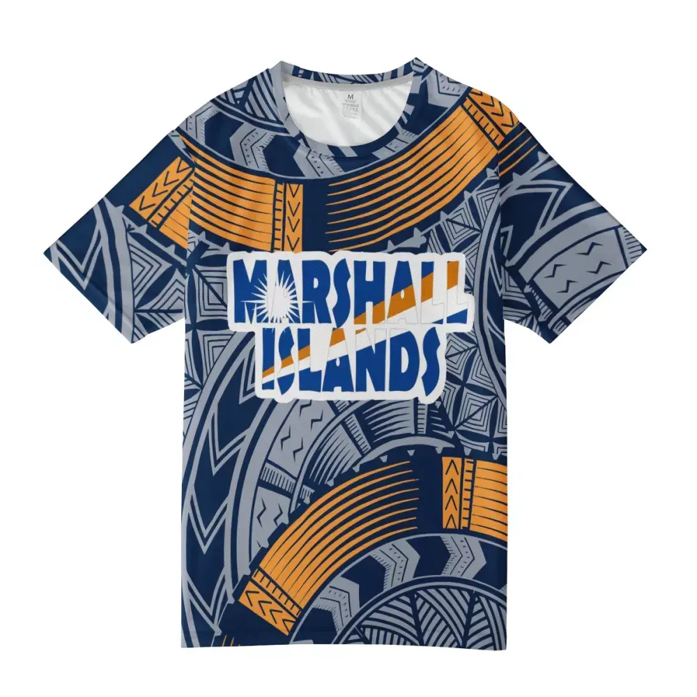 Kraliyet mavi ve turuncu polinezya tribal T shirt ucuz promosyon gömlek süblimasyon özel Marshall adaları tasarım tshirt