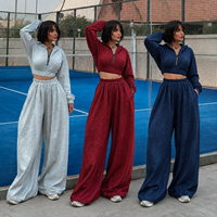 Ensemble de survêtement deux pièces pour femme, style euro-américain, à paillettes, comprenant un sweat à capuche court à demi-zip et un pantalon taille haute à jambes larges, vêtements de sport