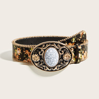 Ceintures pour femmes de la marque Pu Belt Manufacture, ceintures vintage pour femmes, ceintures à imprimé floral, boucle western en pierre dorée, accessoire de taille bohème pour robes