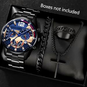 Men's Watch Roman Scale Quartz Watch Cross Necklace Bracelet <b>Ring</b> Business Gift Set - Product Image 1