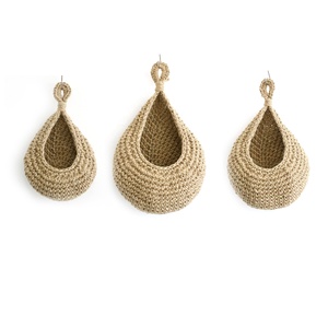 Handmade Jute Rope Plant Wall Hanging Flower Pots / Planters Teardrop Crochet Basket For Decor