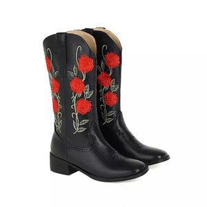 Support OEM/DOM <span class=keywords><strong>Low</strong></span> quantité minimale de commande bottes de Cowboy pour femmes, bottes occidentales en cuir <span class=keywords><strong>noir</strong></span> avec broderie de fleurs pour filles - Product Image 2