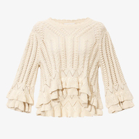 Haut court en tricot torsadé et crocheté, à col festonné personnalisé, double volant et découpes, pour les vacances à la plage, style décontracté, par un fabricant de vêtements