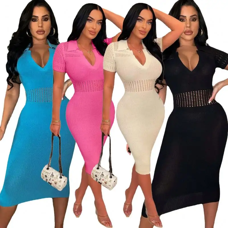 Nova camisola verão oco out malha bodycon maxi vestido manga curta polo com nervuras malha vestido elegante vestidos de malha atacado