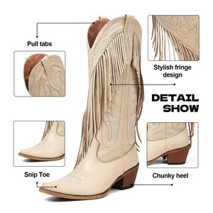 New <strong>Women's</strong> Cowboy <strong>Boots</strong> Retro Square Toe Pull on Block Chunky Heel Embroidery Tassel Calf Western Cowgirl <strong>Boots</strong> - Product Image 3