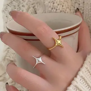Модная блестящая четырехконечная звезда 925 стерлингового серебра регулируемое кольцо