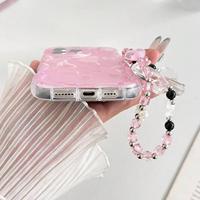 Coque de téléphone portable populaire à motif nœud rose avec chaîne pour iPhone 16 15 17 18 Pro Max, motif crème, coque arrière