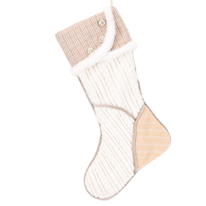 Chaussette de Noël beige en tricot torsadé avec revers tissé, bouton et fausse fourrure pour décoration de cheminée neutre - Product Image 1