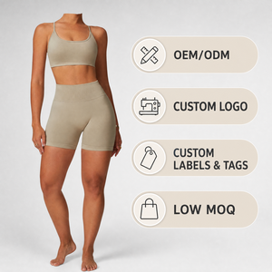 YWKL-9091 Nuevo Conjunto Deportivo de Yoga para Mujer con Logotipo Frontal, Tirantes Cruzados, Shorts de Fitness sin Costuras con Efecto Levanta Glúteos - Product Image 3