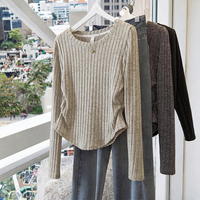 Tops à manches longues plissés imprimés vintage pour femmes, tricotés, automne et hiver, nouveau design, coupe ajustée, respirant