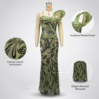 Robe de concours de beauté vert olive, style corset à bretelle unique, avec plis, ruban, motif tourbillon et broderie de cristaux, longueur ras du sol