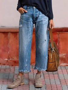 Nuevos Jeans Joker Rectos con Lavado Claro y Agujeros, Estilo Urbano para Mujer, Tendencia Transfronteriza en Europa y EE. UU., Sin Elástico - Product Image 4