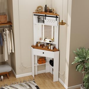 Corner Dressing Table Mirror LED Lighting 1 <strong>Drawer</strong> 6 Hooks 3 <strong>Colours</strong> Adjustable Cosmetic Storage Shelf Modern Bedroom Furniture - Product Image 2