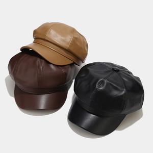 Korean Style Autumn/Winter Women's <b>Retro</b> Casual Baseball Cap British Style Octagonal Solid Color PU Satin <b>Fabric</b> Hat - Product Image 2