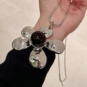 Collar con colgante de flor, plata tibetana, piedra de ónix, cadena larga para mujer, joyería de moda - Product Image 5