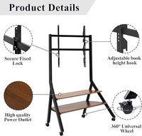 Chariot TV en bois robuste en forme de A avec roulettes pour écran de 55 à 100 pouces, support de sol pour TV de studio réglable en hauteur avec 2 étagères