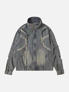 Veste en jean vintage délavée pour homme, bleu délavé, style streetwear décontracté avec poches, logo personnalisé OEM - Product Image 1