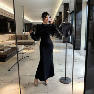 Kadın siyah İnci süslenmiş yüksek boyun fener kol Mermaid Maxi elbise zarif resmi akşam parti kıyafeti - Product Image 6