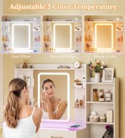 Coiffeuse avec miroir et éclairage, 43 pouces, plateau en verre, lumière d'ambiance RVB, 5 tiroirs, prise électrique, chaise