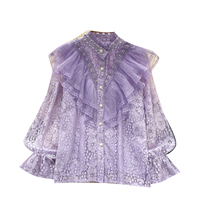 Chemisier Vintage Style Cour avec Volants et Dentelle pour Femme, Manches Longues, Perles et Boutonnage Simple