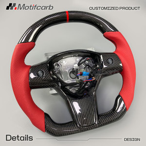 Volante de Fibra de Carbono Personalizado para Tesla Model 3&Y Performance 2018-2024, con Empuñaduras de Cuero Rojo, Mejora del Interior - Product Image 3