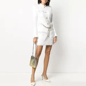 FD2110 New Trendy Hot Selling Long Sleeve Autumn Spring Jacket Tweed Dress Elegant Casual Dresses