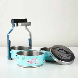 批发圆形搪瓷状喷漆304不锈钢Tiffin午餐盒，带多层便当盒木柄 - Product Image 6