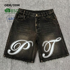 Custom Vintage Acid <b>Wash</b> Screen Print Denim Jorts Knee Length Hip Hop Rhinestone Distressed Mens Shorts Jeans OEM Cut and Sew - Product Image 1