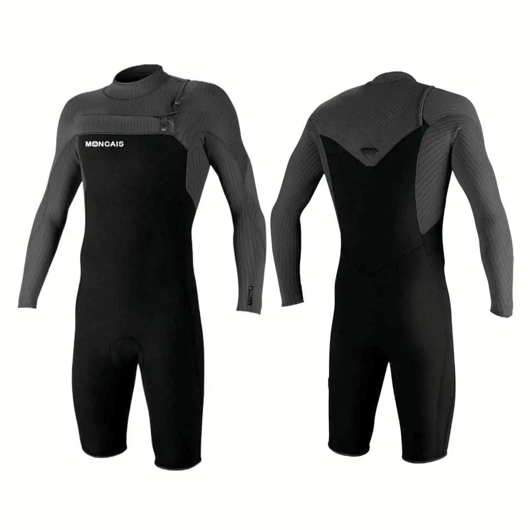 Özel 2mm CR neopren mayo erkekler uzun kollu bahar takım elbise göğüs fermuar sörf kıyafeti Shorty Wetsuit