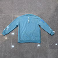 Sweatshirt Crewneck Pria Bahan Katun Fleece Tebal Oversized Biru Langit Cetak Timbul Bintang Saku Streetwear Custom OEM Produsen