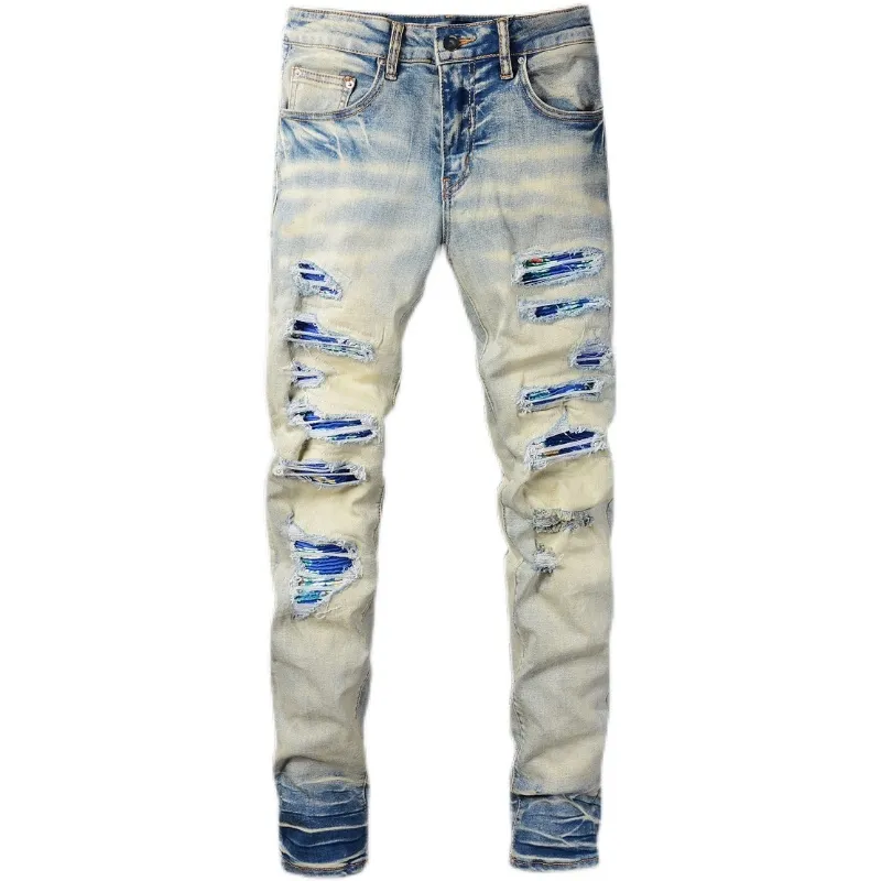 High Street Tide Brand New Blue Denim Ttrousers Retro Knife Cut Damage Patch Jeans Men's Jeans For Men Slim Pencil Pants 837