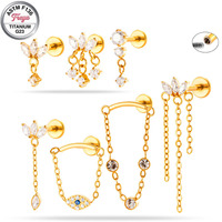 Boucles d'oreilles pendantes en titane G23 à filetage interne, avec zircon cubique étoilé, pour cartilage, hélix, tragus, piercing plat - Vente en gros