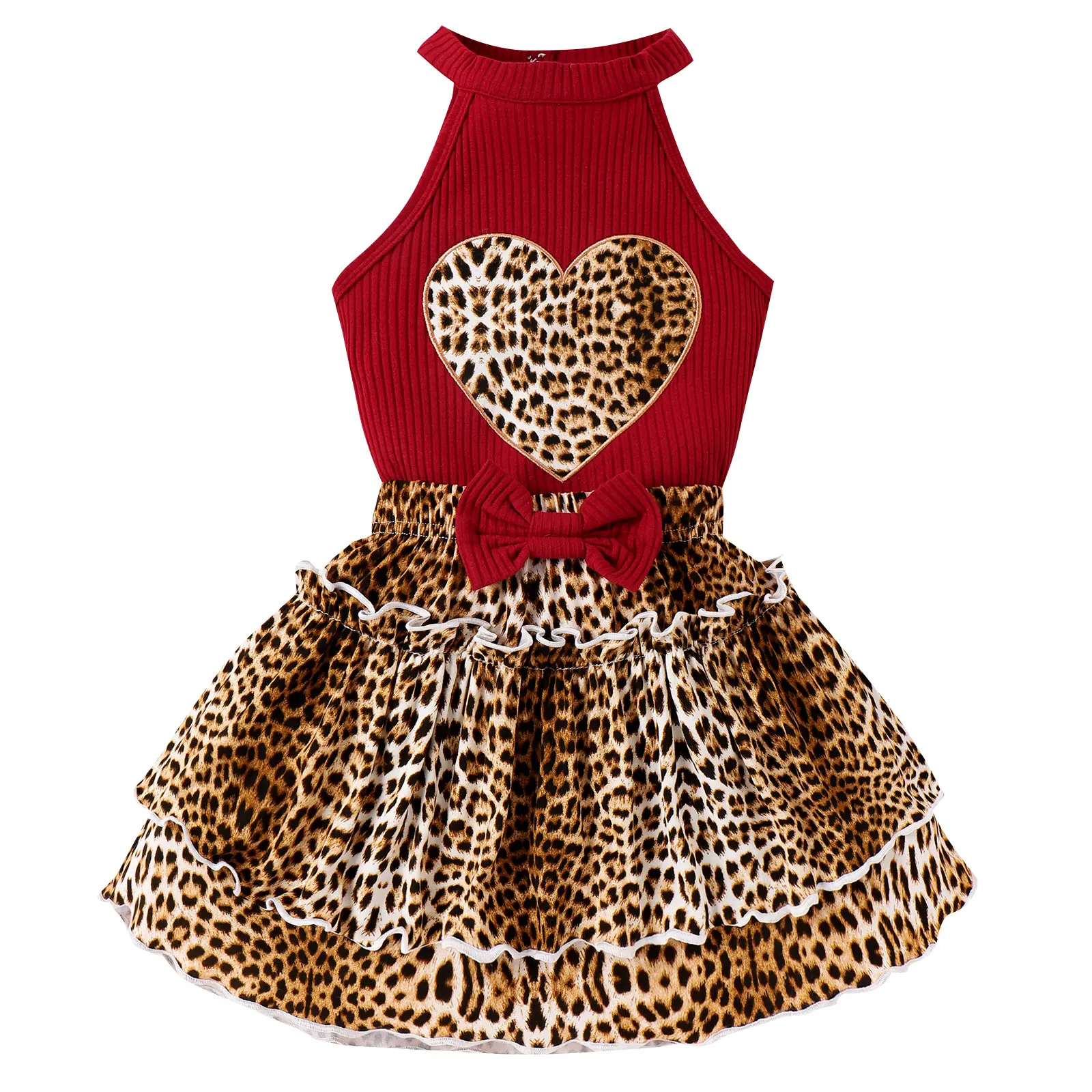 Modèles explosifs vêtements d'été pour enfants haut sans manches rouge avec robe courte à imprimé léopard ensembles chauds