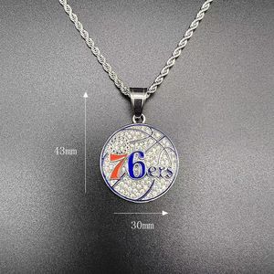 Colliers pendentifs pour hommes en acier inoxydable, étanches et inaltérables, style Hip Hop, avec zircone cubique (CZ) et motif basketball des Philadelphia 76ers - Product Image 5