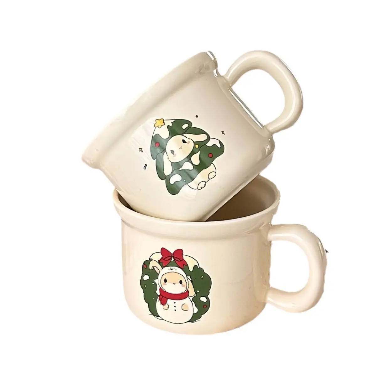 Custom Schattige Cartoon Patroon Kerstcadeau Beige Keramische Koffie Melk Mok Met Handvat