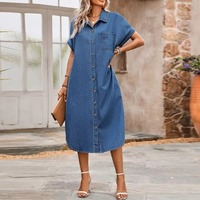 Robes en jean tendance grande taille pour femmes, col rabattu, manches courtes, simple boutonnage, longueur midi, pour dames
