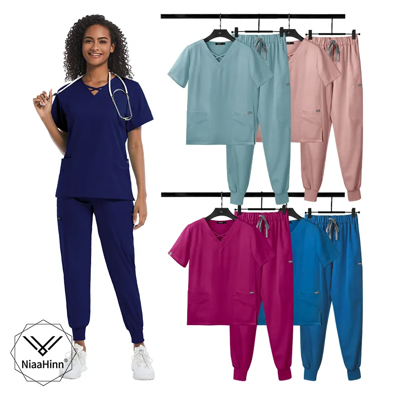 Venta al por mayor médicos y enfermeras mujer Scrubs Enfermeras uniformes conjuntos prendas azul Scrub uniformes Hospital médico mujeres Scrubs Set