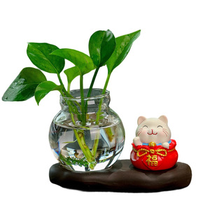 Cute Cartoon Lucky Cat Hydroponic Vase Round Resin Tabletop Decor For Chinese New Year Office Desk Decoration - Product Image 5