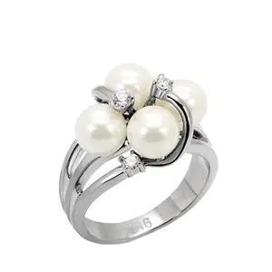 pearl rings jewelry women Quadruple White Pearl Right Hand Ring in High Polished Stainless Steel Cluster Setting pearl ring