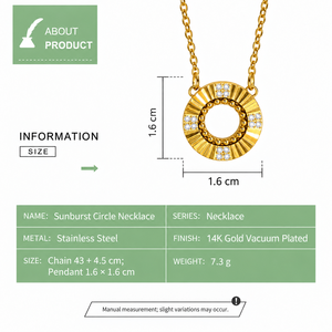 Collar con Colgante Circular Sunburst de Acero Inoxidable, Chapado al Vacío en Oro de 14K, con Piedra Transparente, en Colores Dorado y Plateado - Product Image 3