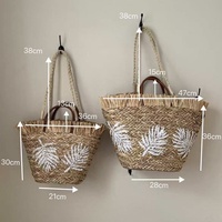 Sac à bandoulière en paille brodé de feuilles de palmier fait main, grande capacité, sac cabas style bohème pour femme