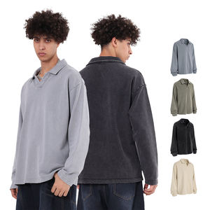 Camiseta Vintage Lavada y Desgastada de 400g, Tejido Grueso 100% Algodón, Cuello Camisero, Bordes Desgastados, Manga Larga, Corte Holgado - Product Image 1