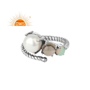 Smoky And Pearl Gemstone Ring Jewelry Supplier Handmade Oxidized 925 Sterling Designer Silver Ring