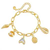 Bracelet Chaîne Trombone Plaqué Or 18K en Cuivre Style Bohème avec Breloque Océanique Coquillage Perle Queue de Sirène pour Femme Plage