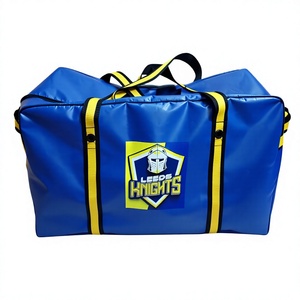 Bolsa de lona azul de vinilo con ribete amarillo, cierre de cremallera y logotipo personalizado - Product Image 3