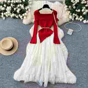 Vestido Midi Casual Asimétrico con Cuello Camisero Estilo Hada de Invierno para Mujer, Manga Larga, Corte Imperio, con Malla y Parches 3D, Rojo y Negro - Product Image 4