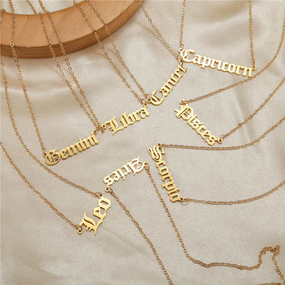 Factory Price Astrological Letter Gold Stainless Steel 12 Zodiac Sign Necklace colliers 18K Gold Plated zodiac jewelry