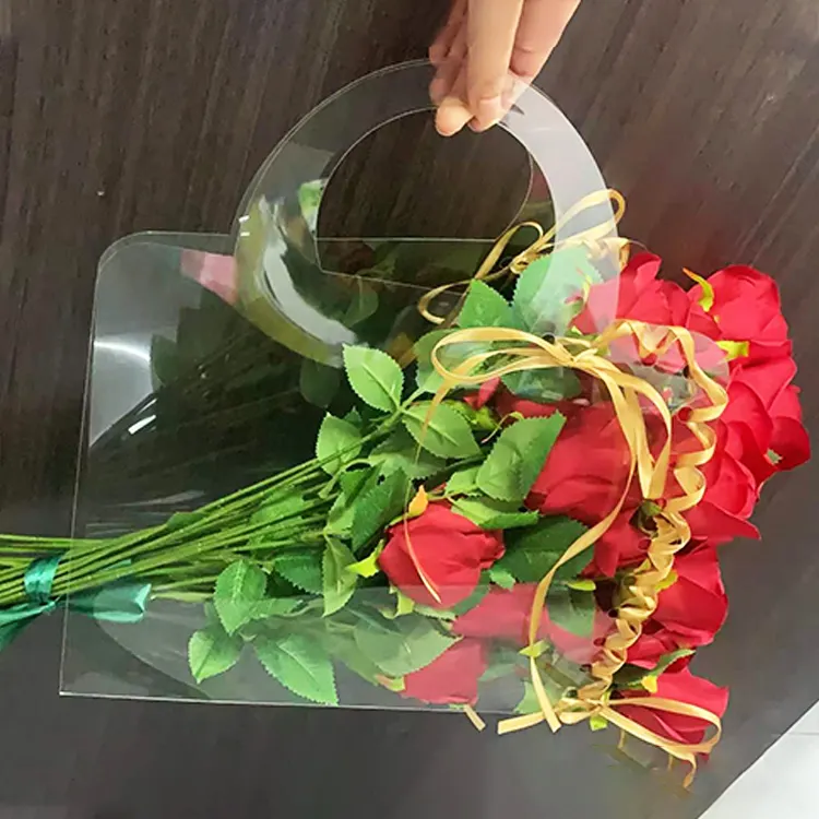プラスチックハンドバッグフェスティバル花栽培パッケージパーティーギフトプラスチックポータブルバッグを包む花の透明なPETブーケ